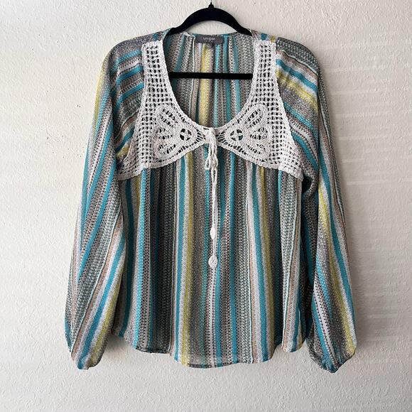 Umgee Womens Long Sleeve Multicolor Boho Front Crochet Blouse Size L - Picture 1 of 6